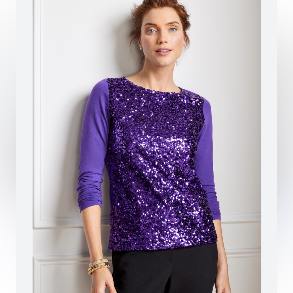 NWT TALBOTS Sequin Front Purple Crewneck Tee XL